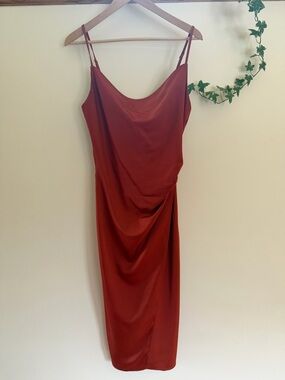 Lulu's Terracotta Slip Midi Dress with Cowl Neck